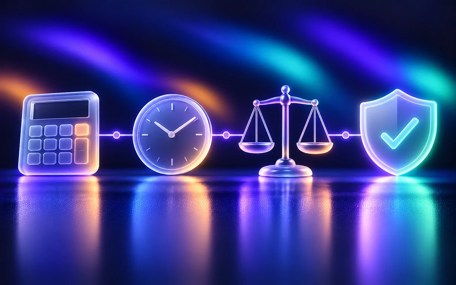 Calculadora, reloj, balanza de justicia y escudo con palomita, conectados en fila