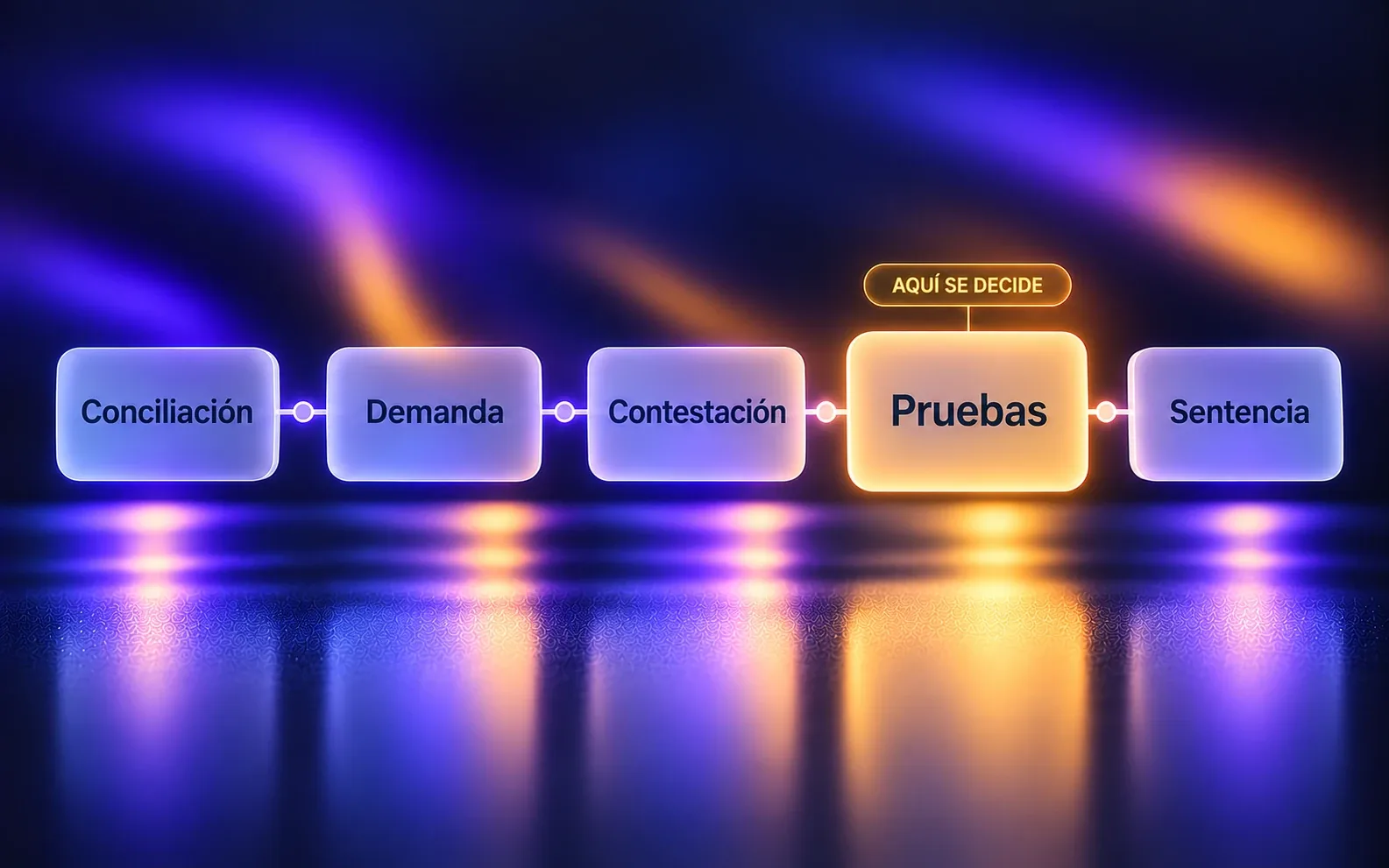 Etapas de una demanda por horas extra: conciliación, demanda, contestación, pruebas y sentencia; en pruebas se decide